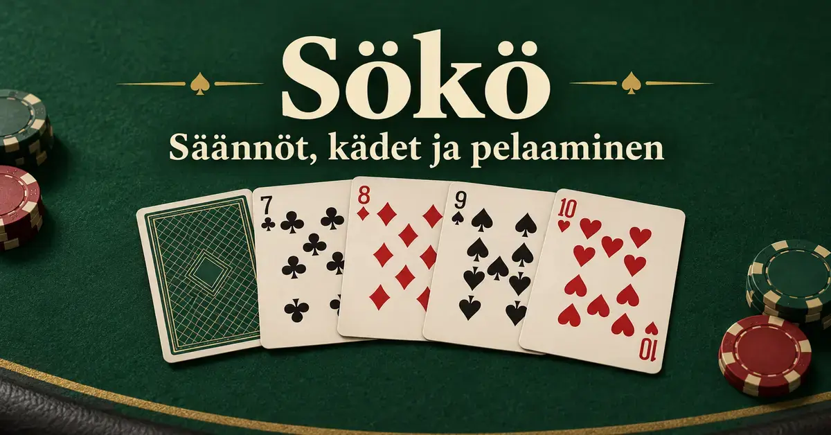 Sökö-pelin viisi korttia, joista yksi on kuvapuoli alaspäin, ja pelimerkkejä vihreällä pelipöydällä tekstin ”Sökö – Säännöt, kädet ja pelaaminen” alla.