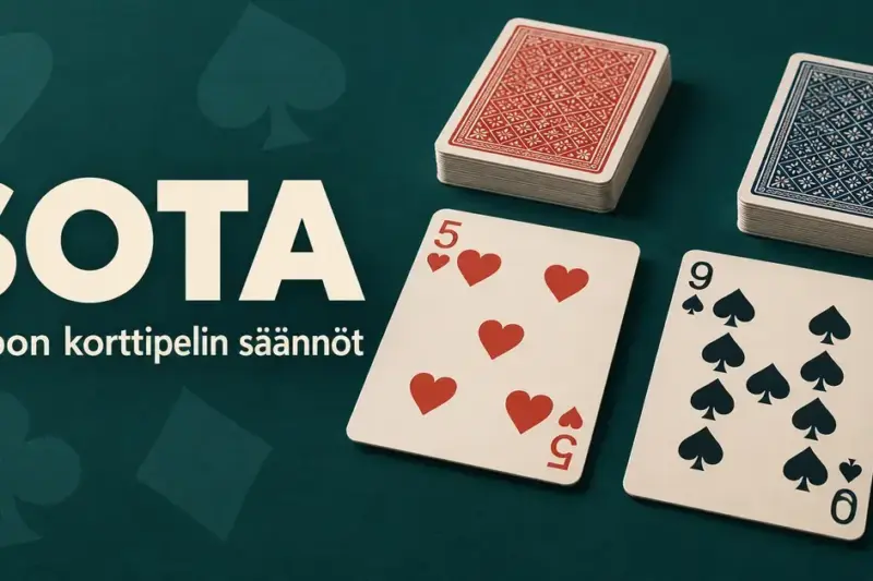 Sota-korttipelin kuvituksessa herttaviitonen ja pataysi sekä kaksi korttipakkaa ovat tummanvihreällä taustalla otsikon ”Sota – Helpon korttipelin säännöt” vieressä.