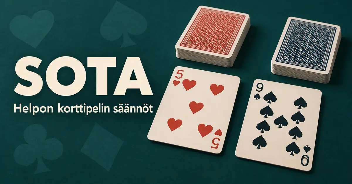 Sota-korttipelin kuvituksessa herttaviitonen ja pataysi sekä kaksi korttipakkaa ovat tummanvihreällä taustalla otsikon ”Sota – Helpon korttipelin säännöt” vieressä.