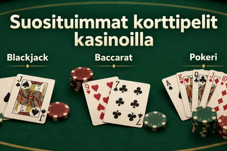 Blackjackin, baccaratin ja pokerin pelikortteja ja pelimerkkejä vihreällä kasinopöydällä otsikon Suosituimmat korttipelit kasinoilla alla.