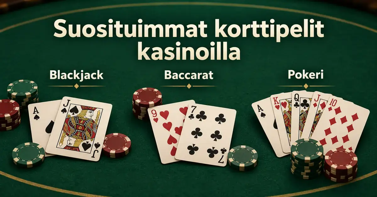 Blackjackin, baccaratin ja pokerin pelikortteja ja pelimerkkejä vihreällä kasinopöydällä otsikon Suosituimmat korttipelit kasinoilla alla.