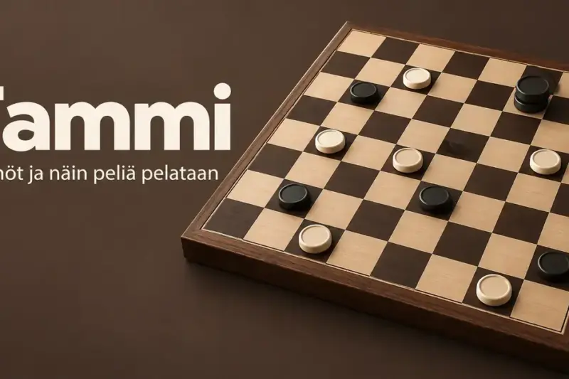 Tammilauta, vaaleita ja mustia nappuloita sekä kahdesta päällekkäisestä nappulasta muodostuva kuningas ja teksti ”Tammi – Säännöt ja näin peliä pelataan”.
