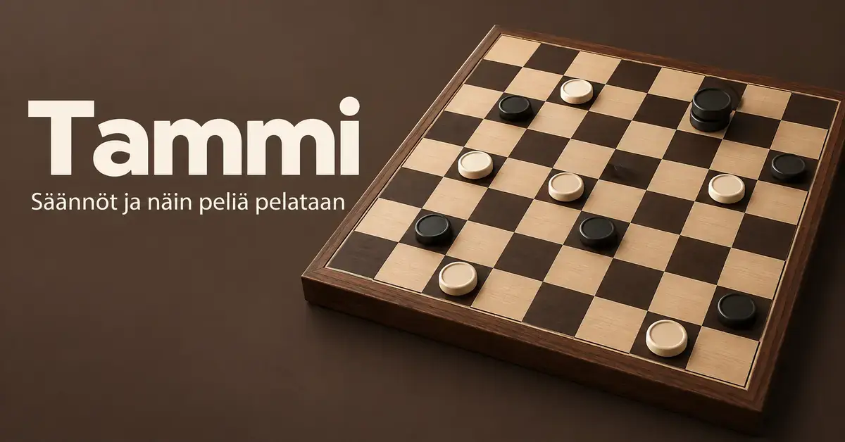 Tammilauta, vaaleita ja mustia nappuloita sekä kahdesta päällekkäisestä nappulasta muodostuva kuningas ja teksti ”Tammi – Säännöt ja näin peliä pelataan”.