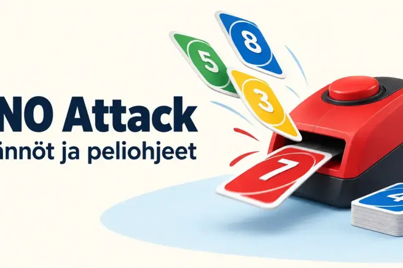 Punamusta kortinsinkoaja lennättää värikkäitä numerokortteja UNO Attack -pelin sääntöjä ja peliohjeita esittelevässä kuvassa.