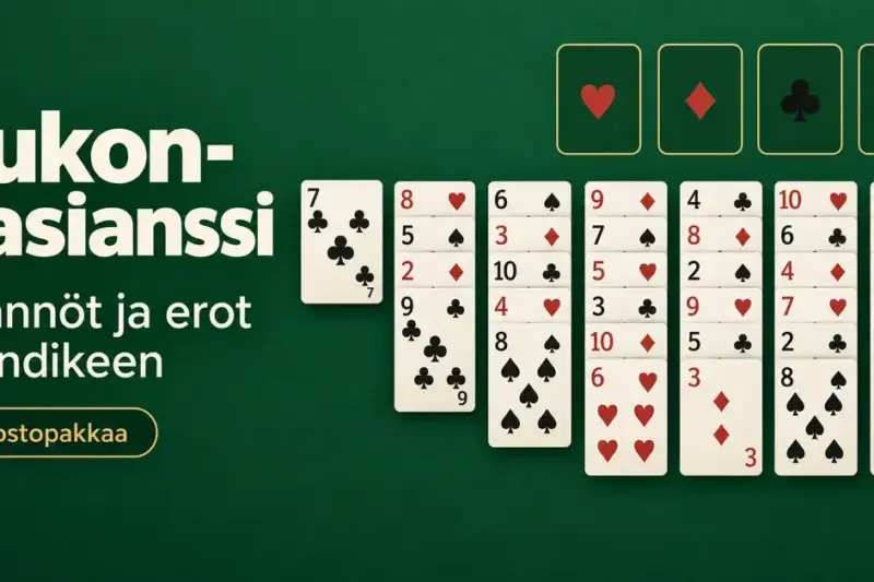 Yukon-pasianssin seitsemän korttisaraketta ja neljä perustuspaikkaa vihreällä taustalla sekä tekstit ”Yukon-pasianssi”, ”Säännöt ja erot Klondikeen” ja ”Ei nostopakkaa”.